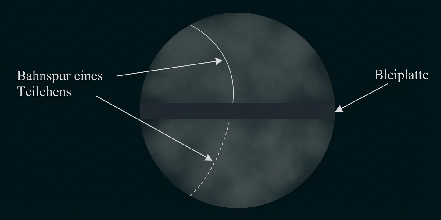 Schematische Kreisdarstellung mit horizontaler Bleiplatte in der Mitte und zwei markierten Teilchenspuren (durchgezogen und gestrichelt)